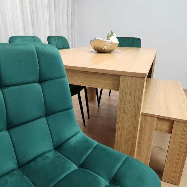 Kosy Koala Wooden Dining Table Set for 6 Oak Effect Table With 4 Green Velvet Chairs and 1 Bench