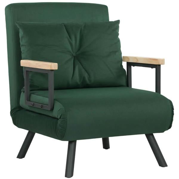 Green velvet-feel single chair bed with attached pillow and armrests, black legs