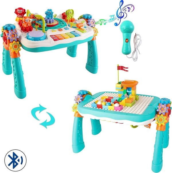 deAO Toys Children's Educational Toys 2-in-1 Multifunctional Bluetooth Learning Activity Table with Building Block Panel