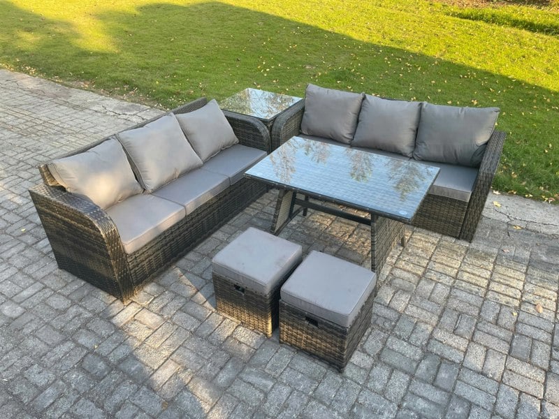Fimous Garden Furniture Sofa Set Rectangular Dining Table 2 Small Footstool Side Table Indoor Outdoor 8 Seater Rattan Set Dark Grey Mixed