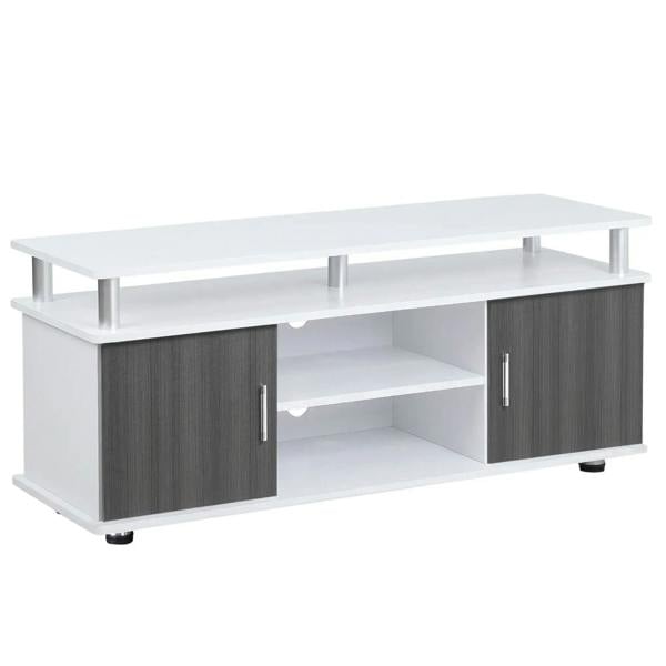 White and dark gray TV cabinet with open center shelf and side cupboard doors