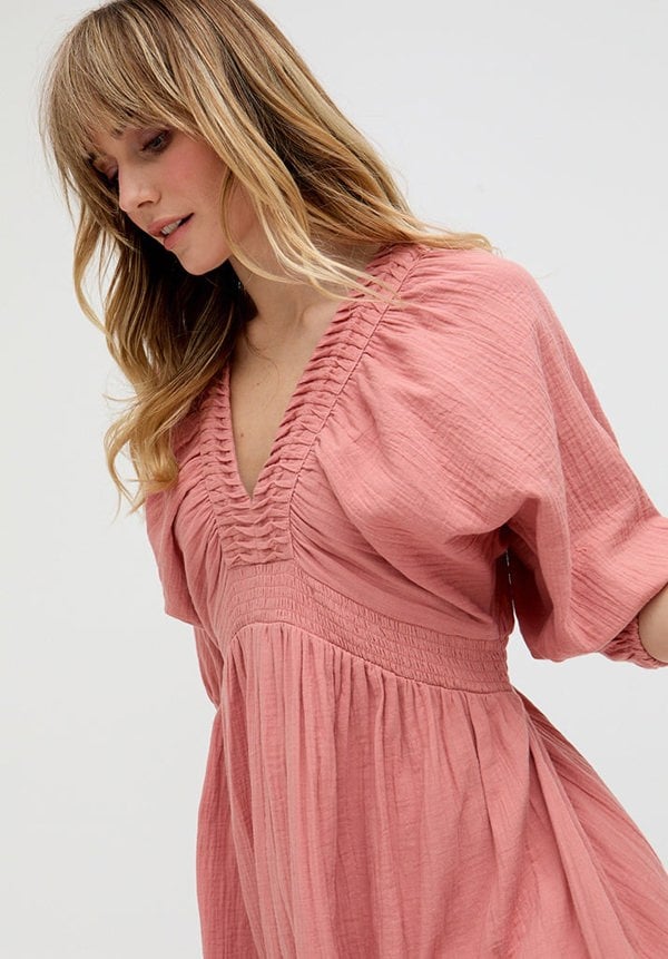 Raffya Soipoi Ruched V-Neck Midi Dress In Pink