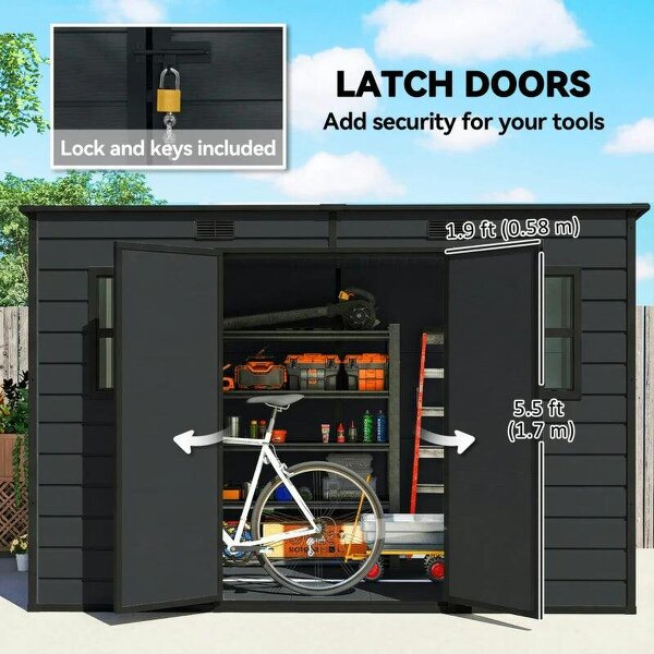 Bobobiy 10 x 6 ft Resin Garden Shed, Outdoor Storage Shed with Floor, Windows, Lockable Doors and Vents, Dark Grey