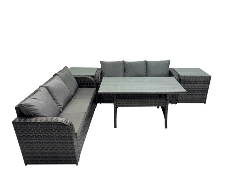 Fimous 6 Seat Outdoor Wicker PE Rattan Garden Furniture Set Dining Table Sofa Set with 2 Side Tables Dark Grey Mixed