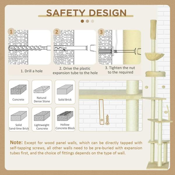 Beige floor-to-ceiling cat tree safety design instruction diagram with posts and platforms