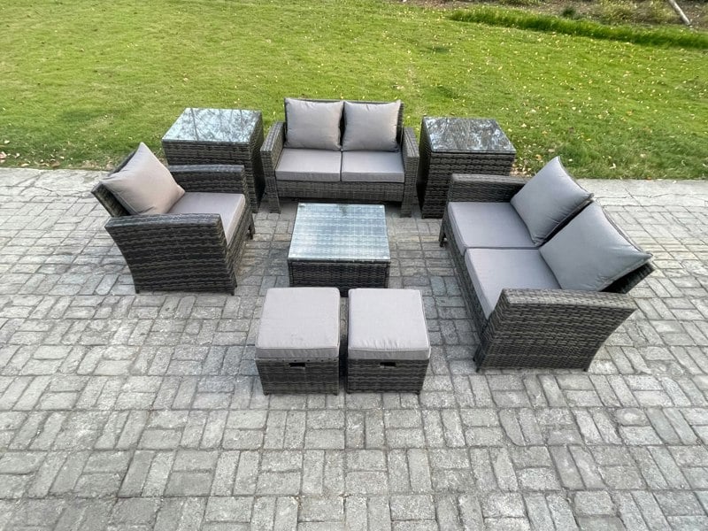 Fimous 7-Seater Rattan Garden Sofa Set - Dark Grey Mixed Outdoor Conservatory Patio Coffee Table Set with Chair & 2 Small Footstools