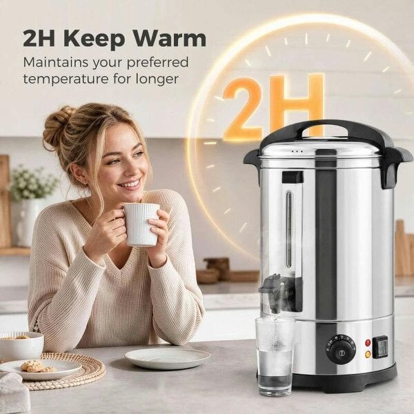 8L Catering Urn, 1500W Stainless Steel Hot Water Boiler Dispenser with Thermostat, Keep Warm Function & Easy Pour Tap