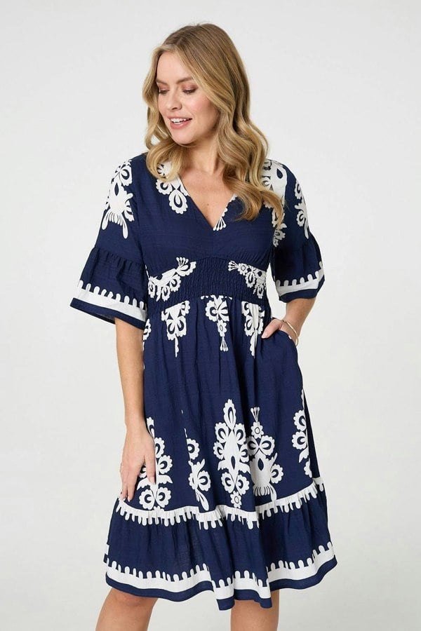 Navy | Ikat Print 1/2 Sleeve Relaxed Short Dress : Model is 5'10"/178 cm and wears UK8/EU36/US4/AUS8
