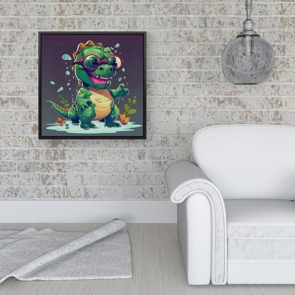 Warren Reed Happy Dino In A Puddle Framed Canvas