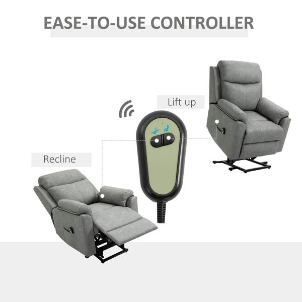 Grey electric recliner chair with handheld remote control and lift-up feature