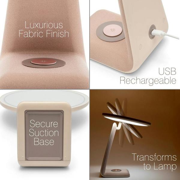 A four-panel image features the Rio TrueColour High Performance Makeup Mirror—showcasing its sleek design, fabric finish, USB charging port, secure suction base, and adjustable angles. Clear text highlights each feature in the relevant panel.