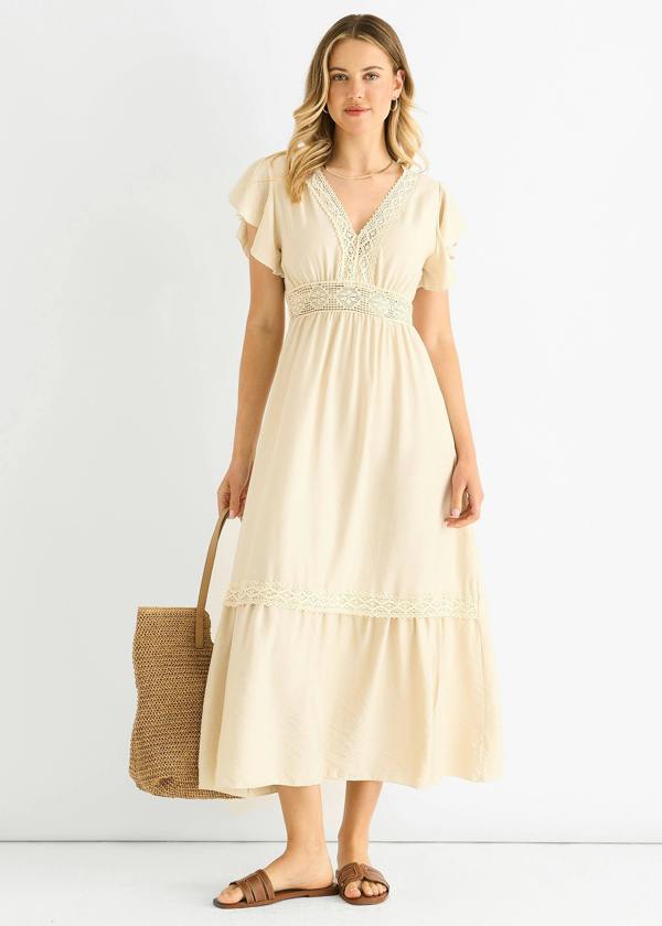 Gini London Beige Crochet Lace Panel Elasticated Waist Midi Dress