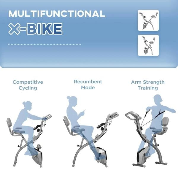 Grey multi-use exercise bike modes diagram showing upright, recumbent, and arm training