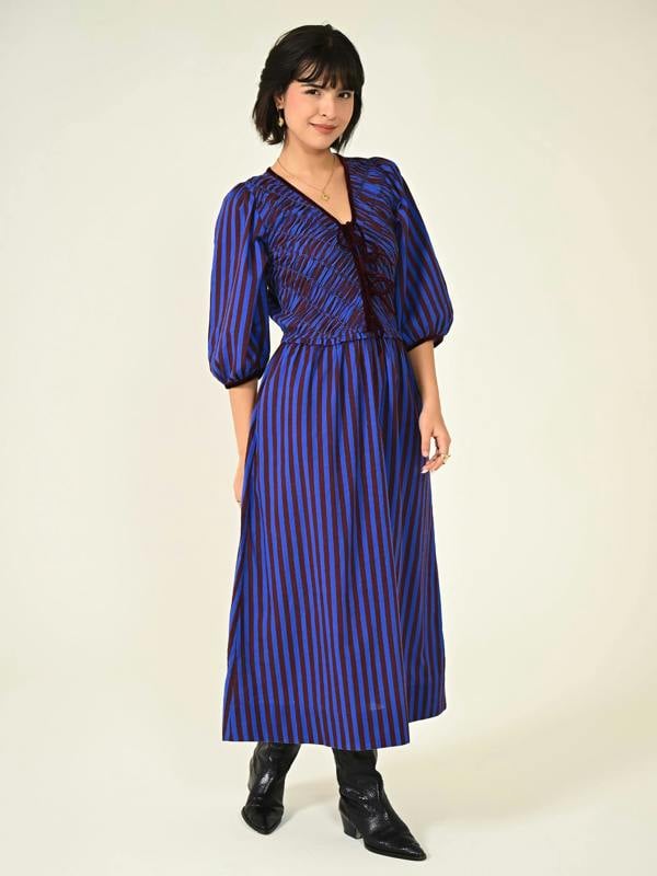 Rose & Nancy Isla Hand Smocked Blue And Burgundy Stripe Midi Dress