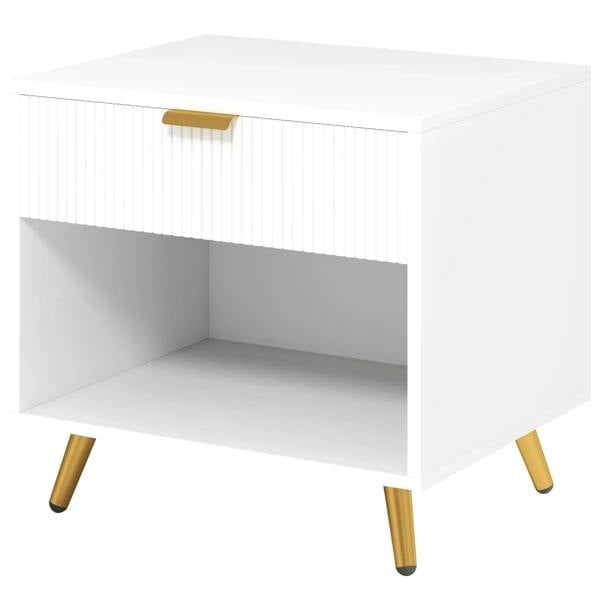 White bedside table with drawer, open shelf, gold-tone handle and angled legs