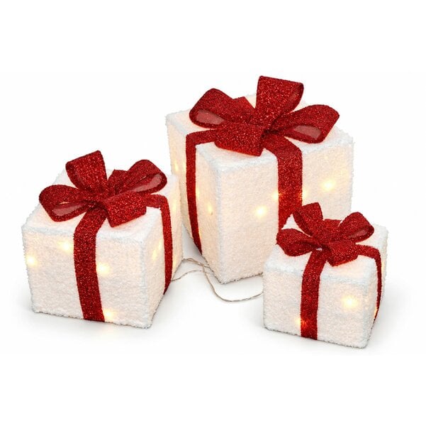 Light Up Christmas Parcels - Set of 3, White and Red with 35 White LEDs