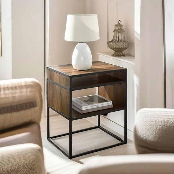 Rafaelo Mobilia Industrial Square Side Table With Open Storage Dark Walnut