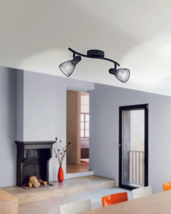 Flush Ceiling 2 Spot Light Colour Black Wave Bracket Mesh Look Shade E14 2x40W Loops