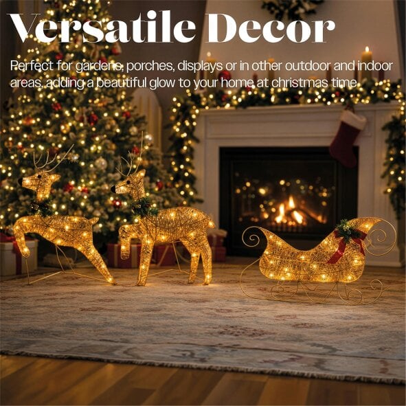 Scotts of Stow Xmas Haus LED Glitter effect  Deer and Sleigh Outdoor Decoration with Timer