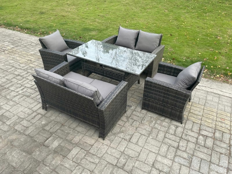 Fimous Rattan Garden Furniture Set 6 Seater Patio Outdoor Lounge Sofa Set with Oblong Dining Table Double Seat Sofa Dark Grey Mixed
