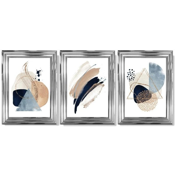 Artze Wall Art Set of 3 Abstract Beige Blue and Gold Framed Prints