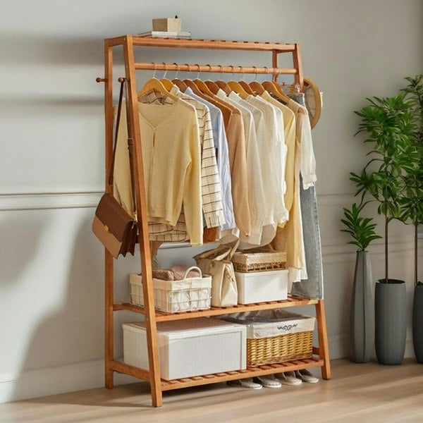 Rafaelo Mobilia Bamboo Clothes Rail With 2 Shelves