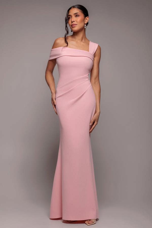 Off The Shoulder Pleated Waist Maxi Dress - Blush Pink DR2594