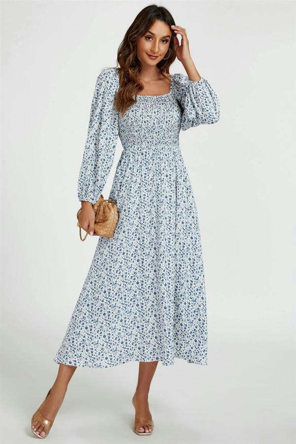 FS Collection Floral Print Square Neck Maxi Dress In Light Blue