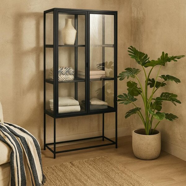 Wyld Haus Taipei Black Metal 2 Glass Door Display Bookcase Cabinet