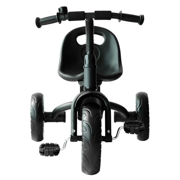 Black tricycle rear view with wide seat, handlebar grips, and treaded wheels