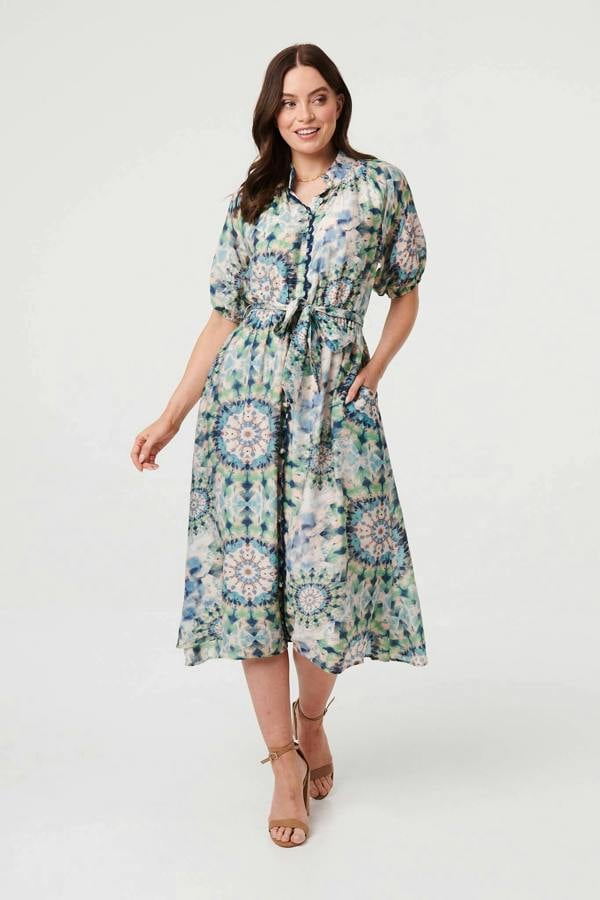 Green | Abstract Tie Waist 1/2 Sleeve Midi Dress