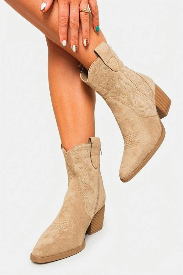 Laura Suede Cowboy Ankle Length Boots - Khaki_wb
