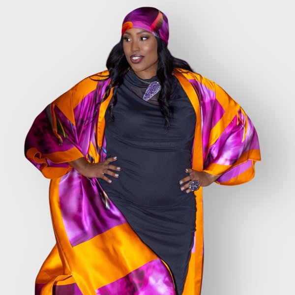 Women's Bird of Paradise Pink Purple Plus Size and Mid Size Silk Kimono styled with the Boudicca Black Dress  for an elegant look.