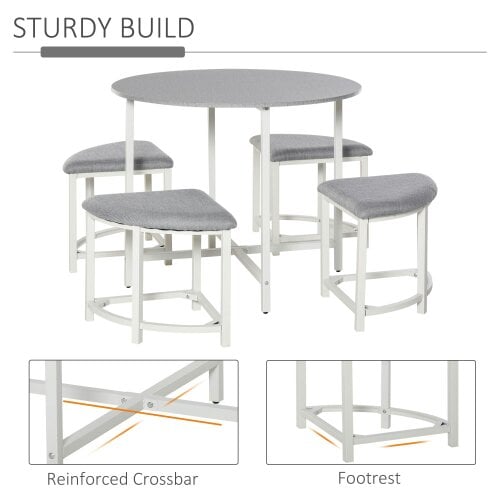 Wyld Haus Bavino Metal And Fabric Grey Round Dining Table With 4 Upholstered Stools