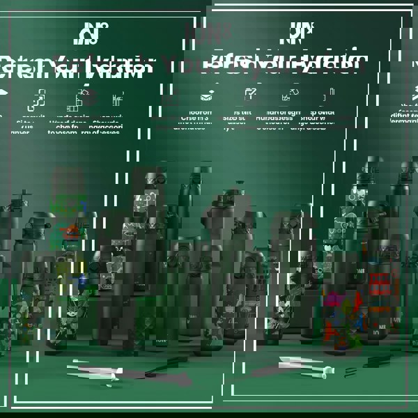 Several dark-green ION8 water bottles, varying in size and design, are displayed on a green surface. Accessories are shown nearby. "Refresh Your Hydration" is written above.