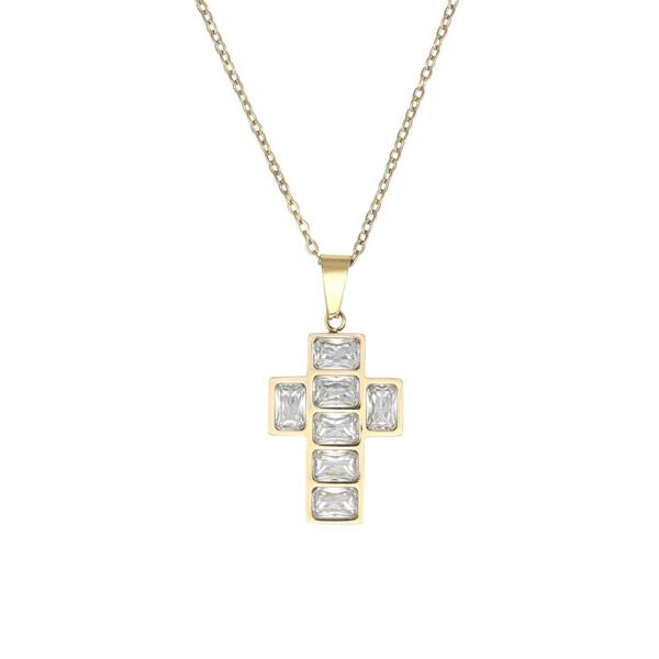 Say It With Emerald Cut Cross Necklace - Yellow Gold
