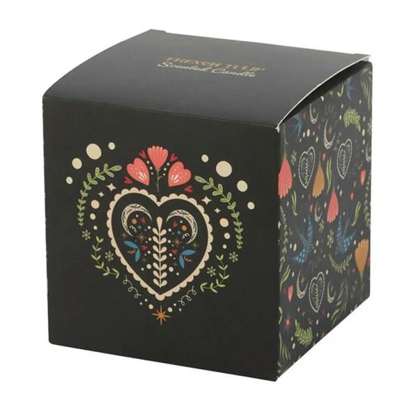 Black candle gift box with heart floral artwork on the front and side