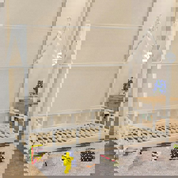 House Shape Bed Frame Pine Wood Toddler Bed with Safety Guard Fence Bed Frames Living and Home