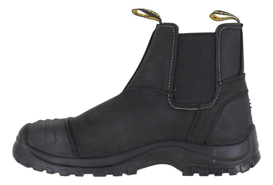 Stanley Riley Mens Pull On Steel Toe/Midsole Chelsea Dealer Boots, black leather slip-on work boots with durable rubber sole and elastic side panels for easy wear.