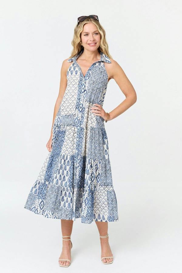 Blue | Printed Sleeveless Shirt Midi Dress