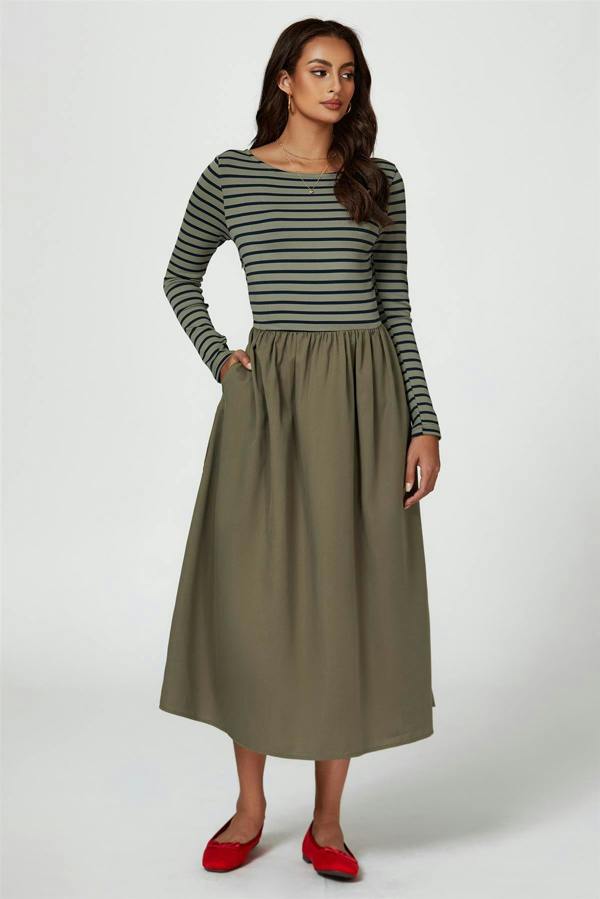 FS Collection Long Sleeve Stripe Midi Dress In Olive