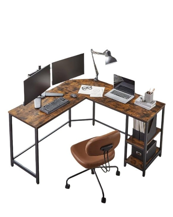 Modcraft Rustic Brown & Black L-Shaped Computer Desk with Storage Shelves – 138x138 cm