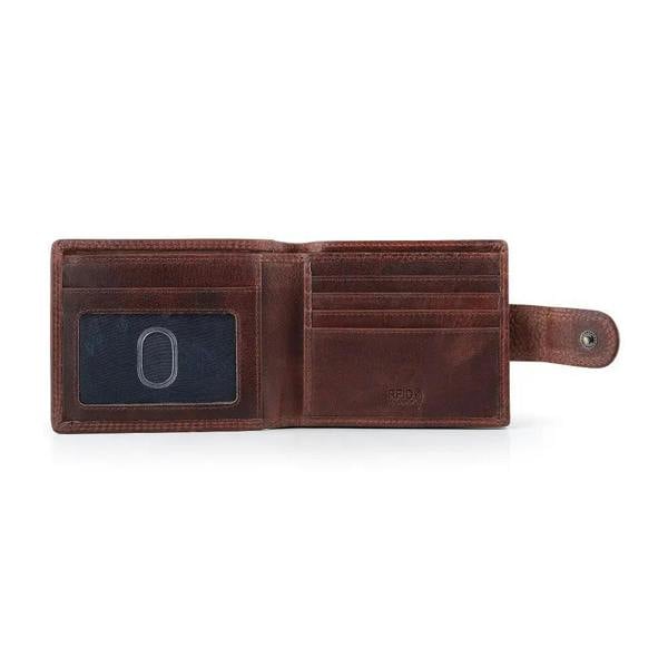 Open view of Brown leather wallet with card slots on a white background