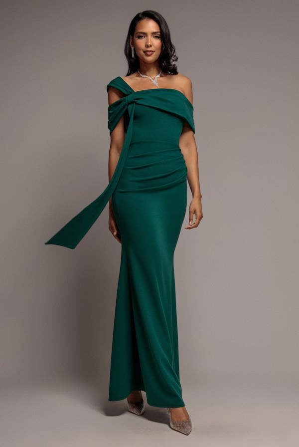 One Shoulder Twisted Bardot Asymmetric Mermaid Maxi Dress - Emerald Green DR4910