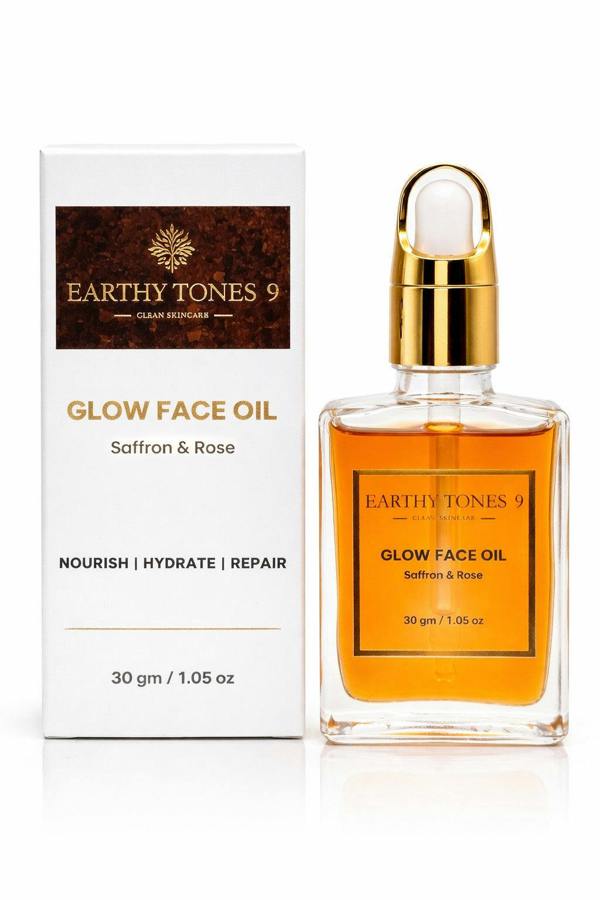 Earthy Tones 9 saffron and rose glow face oil on white background