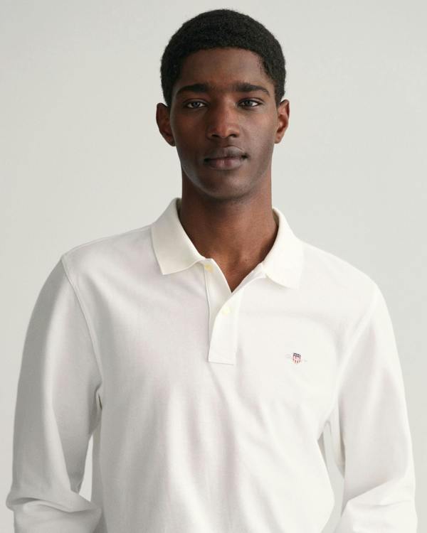 GANT Mens Regular Fit Long Sleeve Shield Logo Pique Rugger - 110 White - CHO - Designer Mens Long Sleeve Polo Shirts