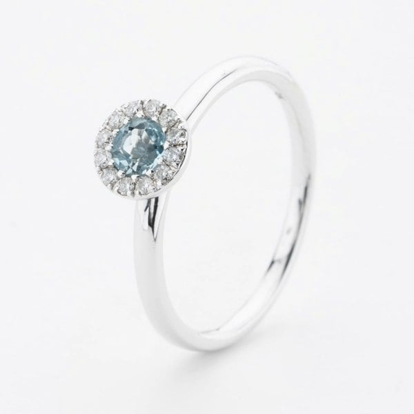 T. H. Baker 9ct White Gold Brilliant Cut Aquamarine & Diamond Cluster Ring NTR832AQD-9WG