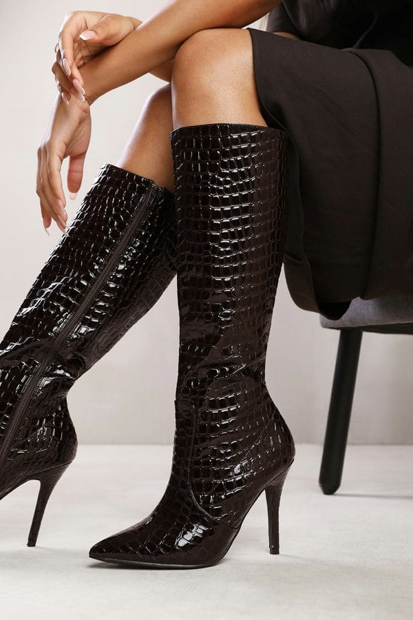 Where's That From Remi High Heel Calf Boot in Dark Brown Croco Patent