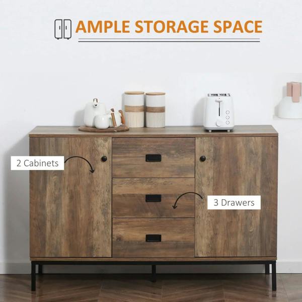 Rustic brown sideboard with 2 cabinets and 3 drawers, black knobs and pull handles