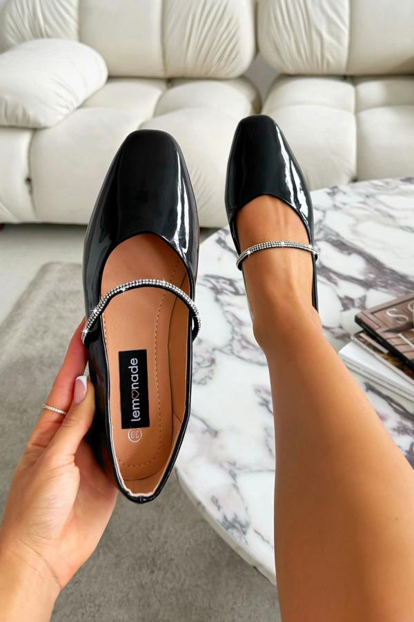 Crystal Belle Dolly Shoes Black with slim rubber sole for comfort and grip